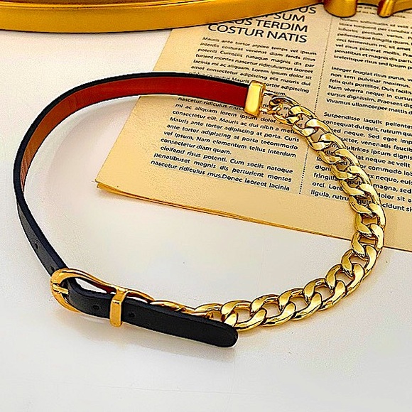 Gold Buckle Cuban Chain Link Leather Choker - Picture 6 of 11